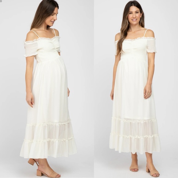 Pinkblush Dresses & Skirts - Pinkblush Cream Smocked Ruffle Off Shoulder Maternity Maxi Dress